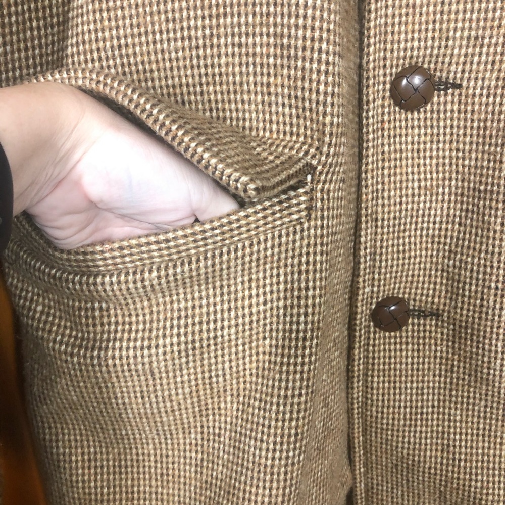 VINTAGE WEATHERCASTER Brown & Tan Houndstooth Fur Collar Blazer Coat Jacket 42 - Picture 5 of 11